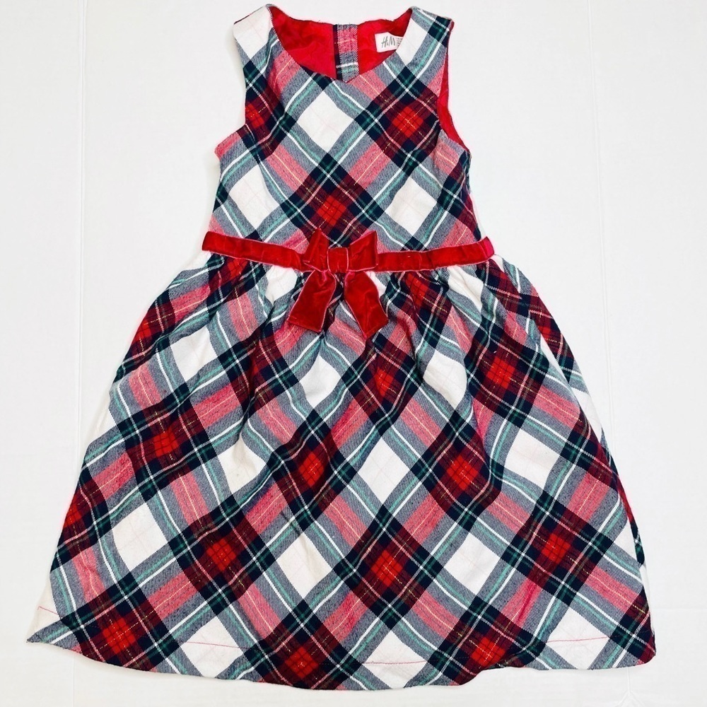 H&M Girl’s Formal Holiday Christmas Red Plaid Sleeveless Dress Size 5-6Y